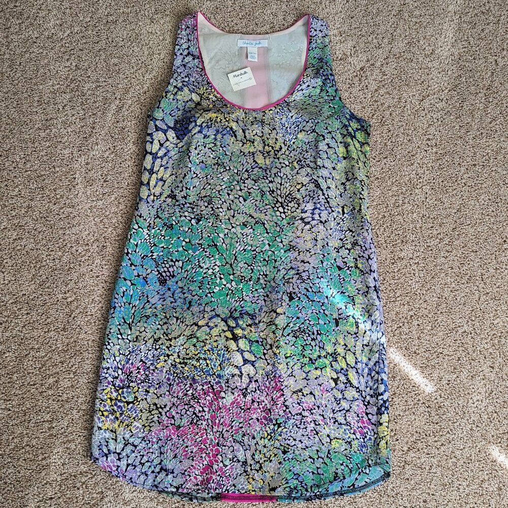Charlie Jade Multicolor Watercolor Hot Pink Racing Stripe Lined Shift Tank Dress